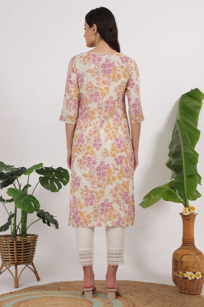 White Floral Printed Pure Cotton Straight Kurta — photo 6