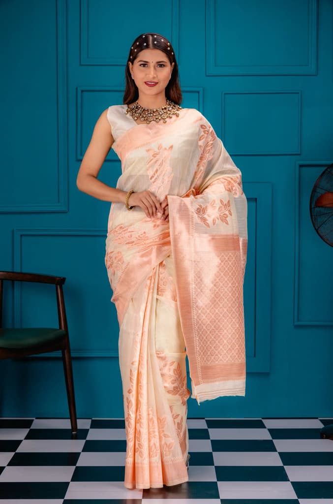 Mimosa Women's Woven Design Banarasi Style Art Silk Saree With Blouse Piece : SA00001765HWFREE — Halfwhite