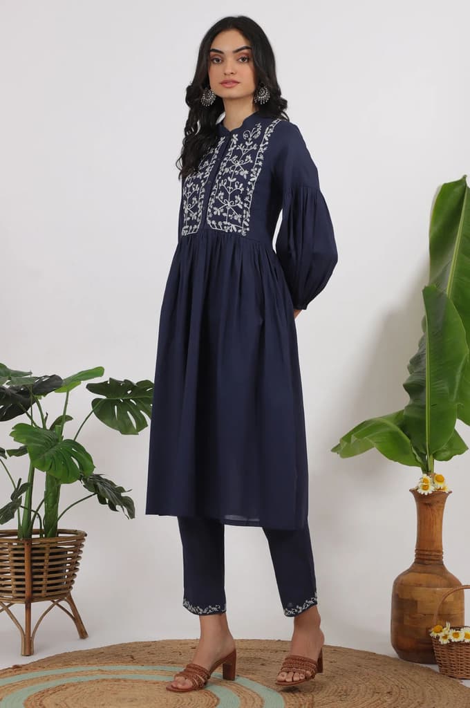 Navy Blue Embroidered Yoke Pure Cotton Kurta and Pants Co-ord Set — photo 5