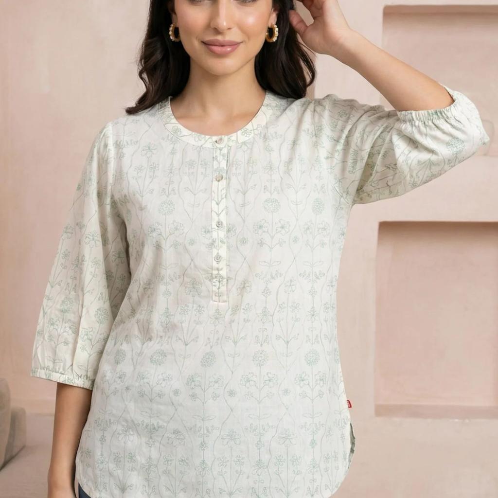 Light Green Schiffli Embroidered Pure Cotton Straight Top