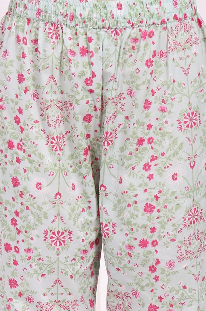 Light Green Floral Printed Lace Trim Anarkali Cotton Kurta with Straight Pant and Dupatta Set — photo 8