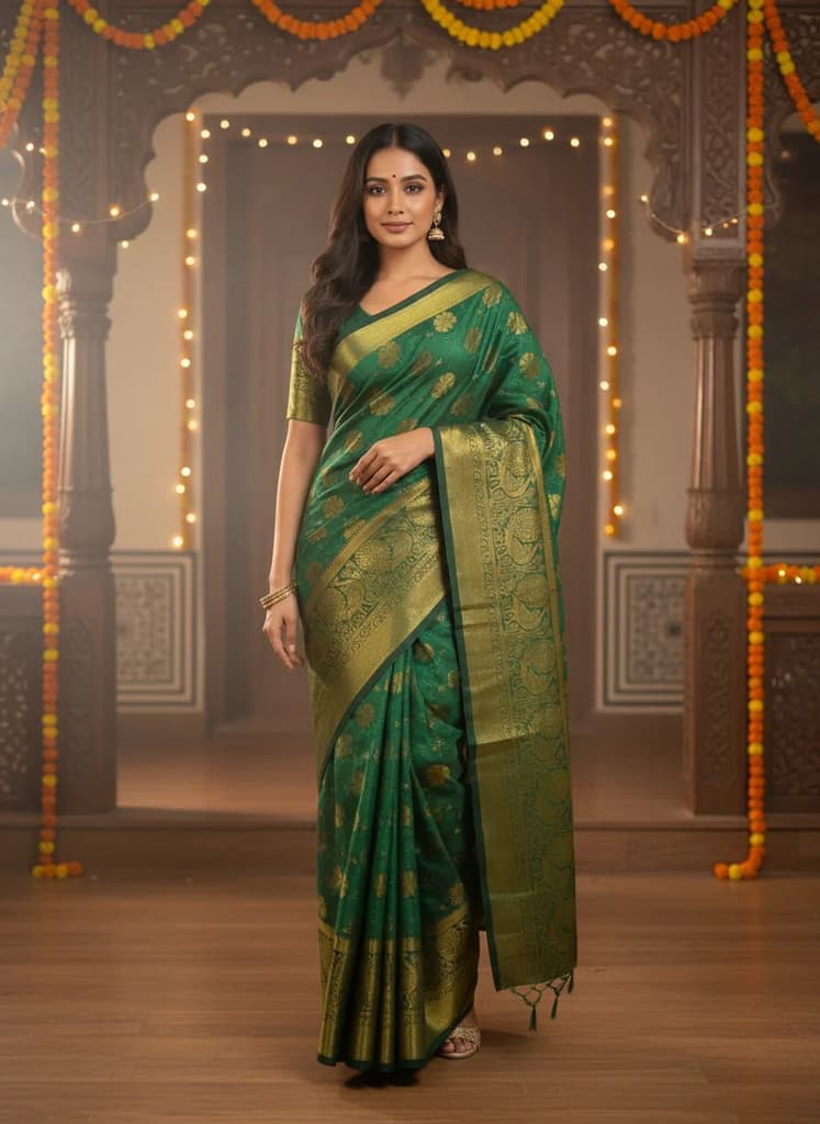 MIMOSA Women's Woven Design Kanjivaram Style Art Silk Saree with Blouse Piece - Green ( SA00003142GRNFREE ) — Default Title