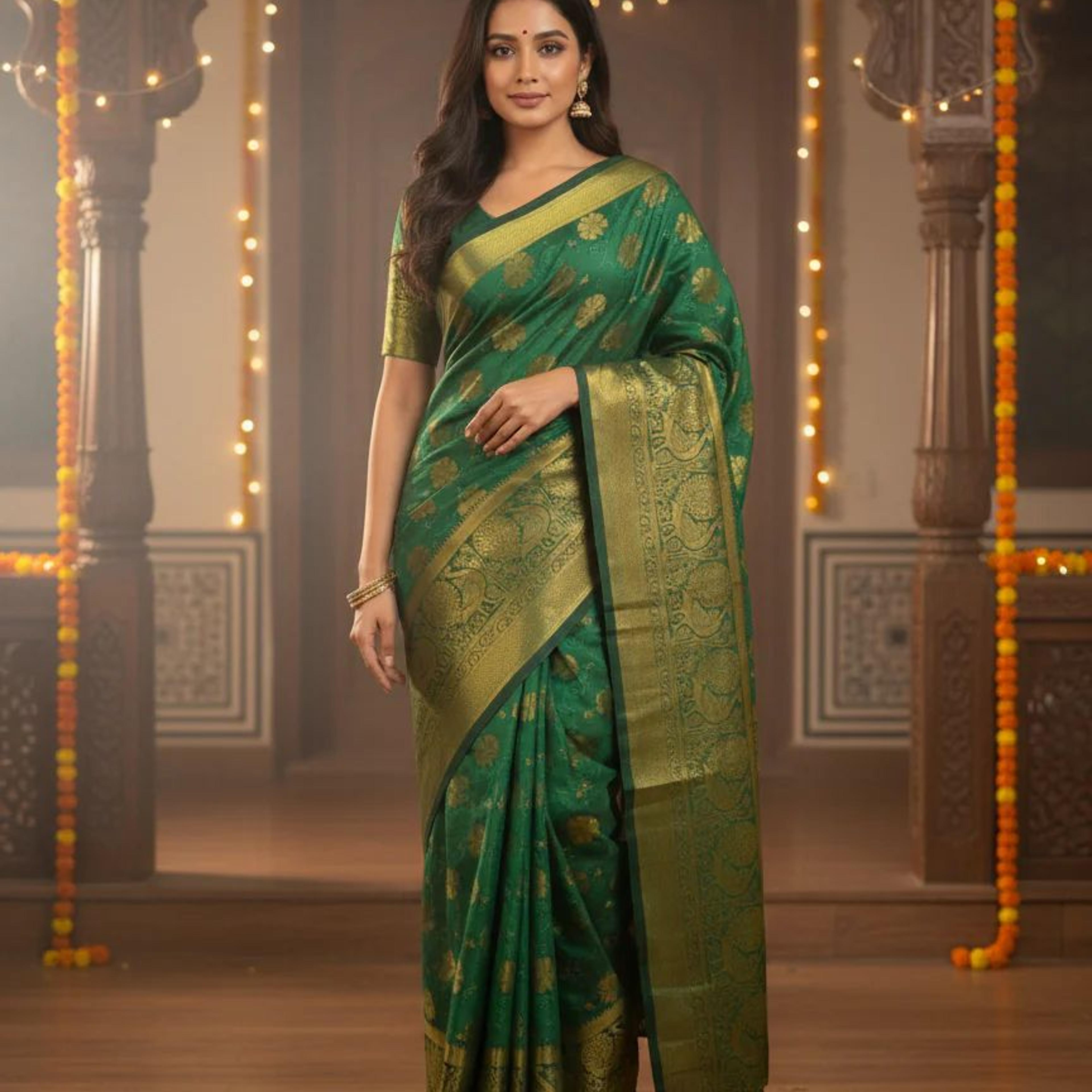 MIMOSA Women's Woven Design Kanjivaram Style Art Silk Saree with Blouse Piece - Green ( SA00003142GRNFREE )
