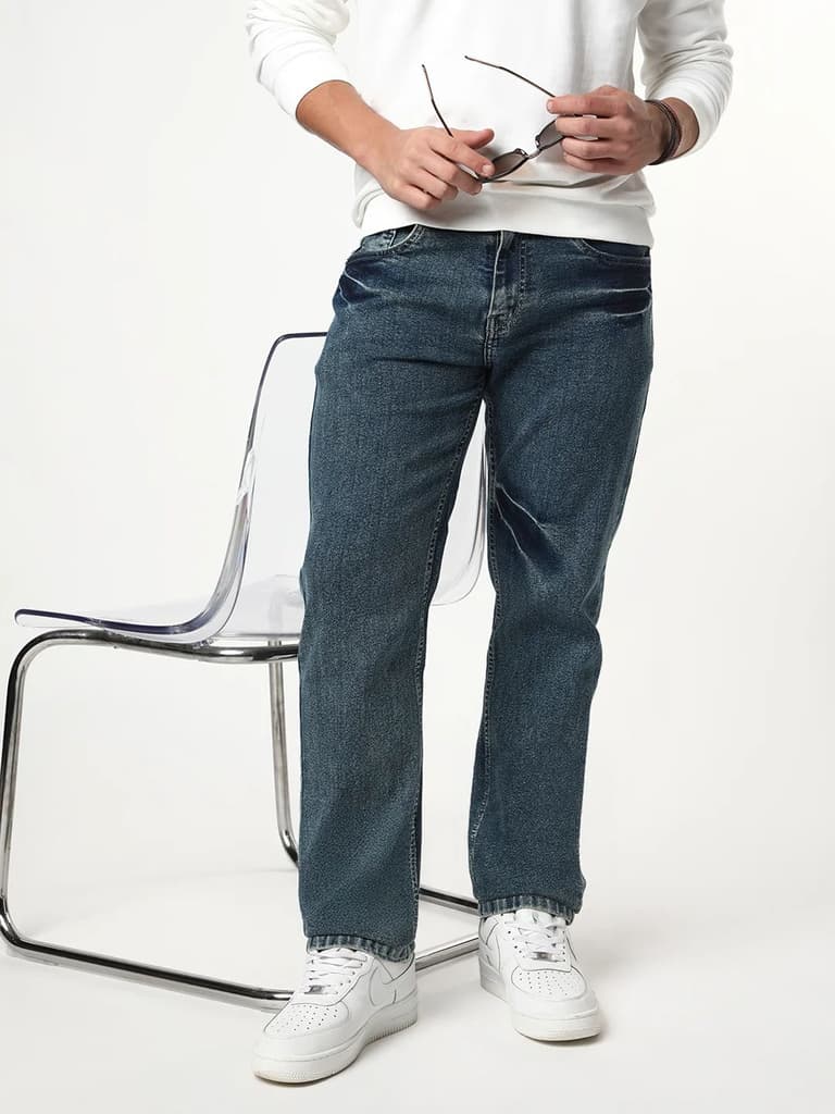 Men's Light Blue Regular Fit Acid Washed Denim Jeans Stretchable — photo 2