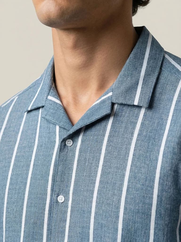 Men's Aqua Cotton Half Sleeve Relaxed Fit Linen Striped Shirt with Cuban Collar — photo 6
