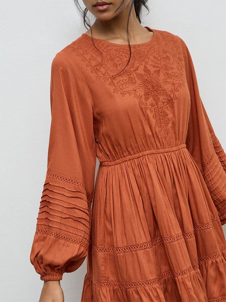 LOV Rust Floral Embroidered Tiered Dress — photo 3