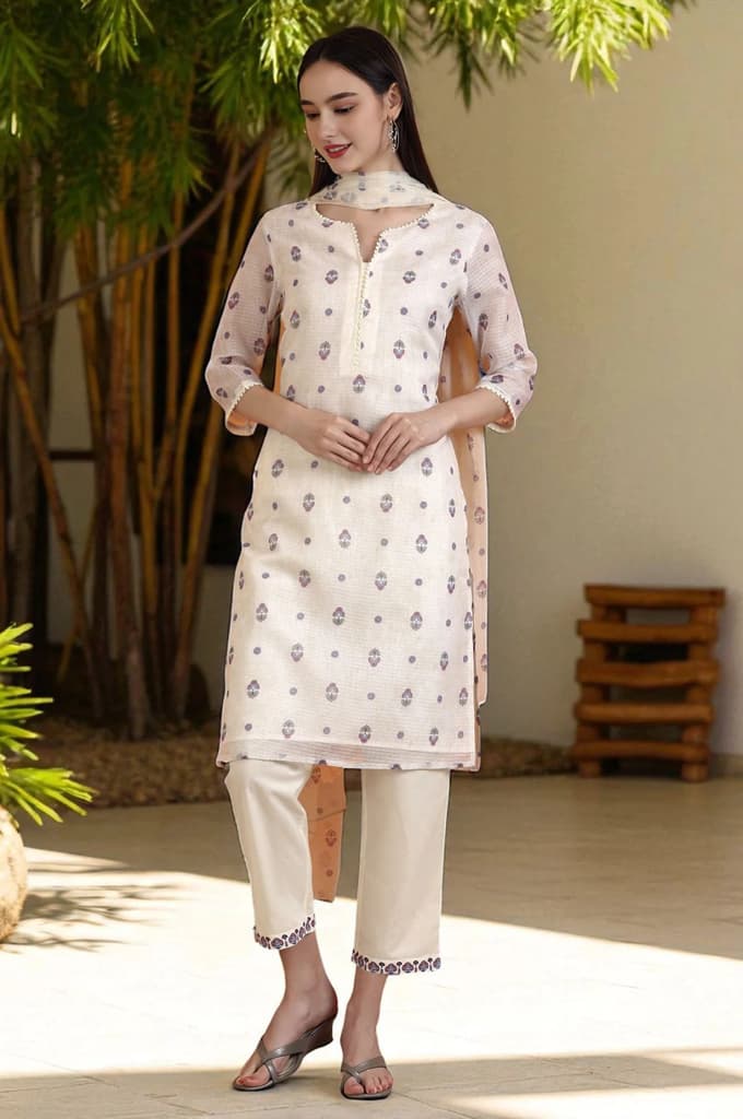 Light Beige Floral Printed Straight Kota Kurta, Pants and Dupatta Set — XS