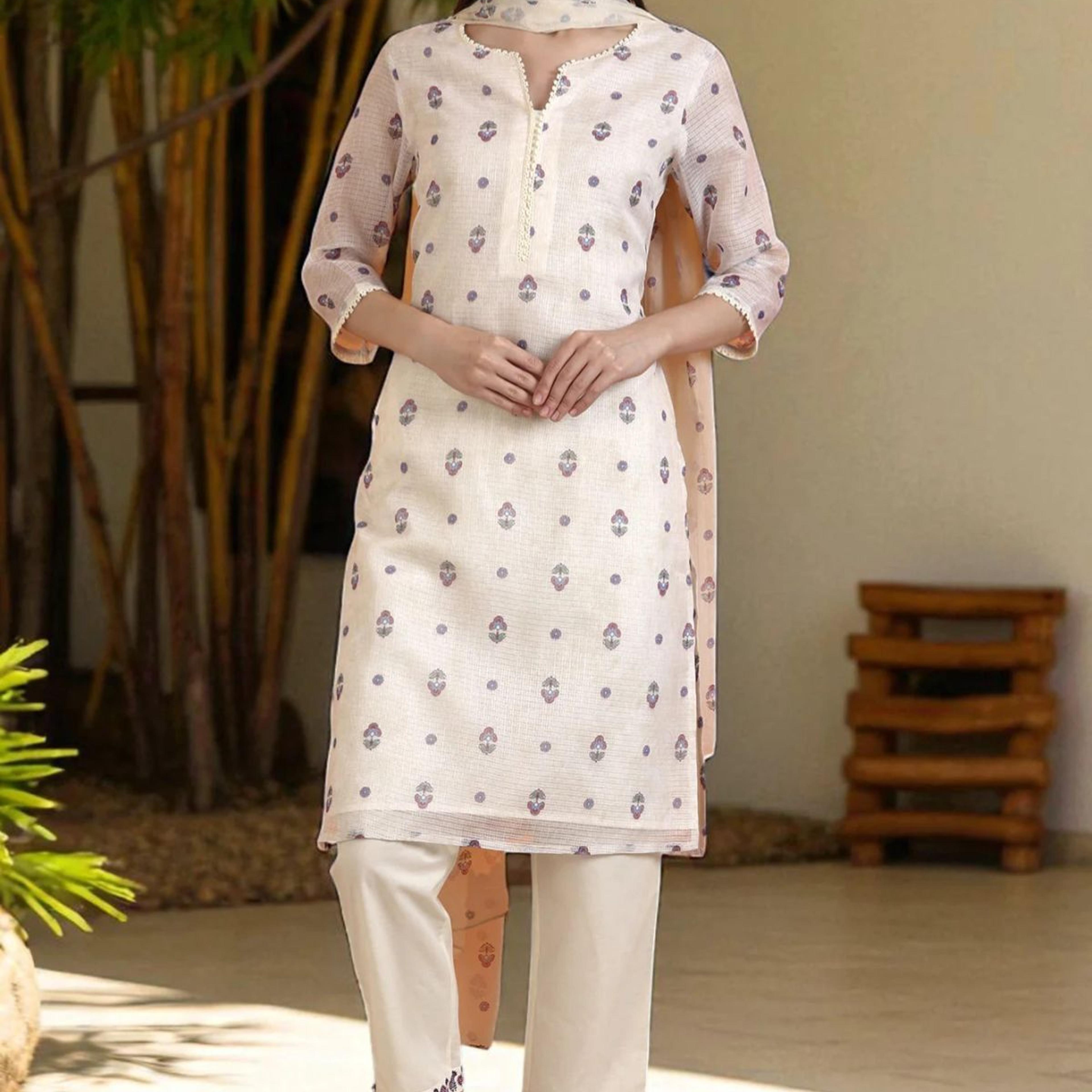 Light Beige Floral Printed Straight Kota Kurta, Pants and Dupatta Set