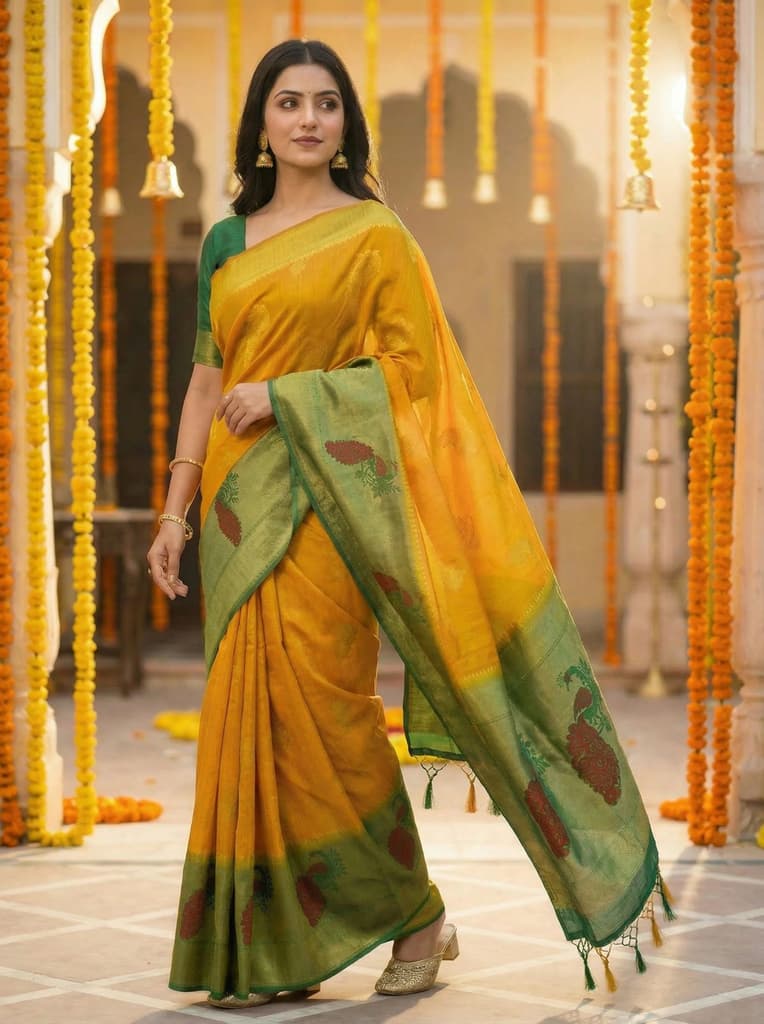 MIMOSA Women's Woven Design Paithani Style Raw Silk Saree with Blouse Piece - Mustard ( SA00003156MSFREE ) — photo 2