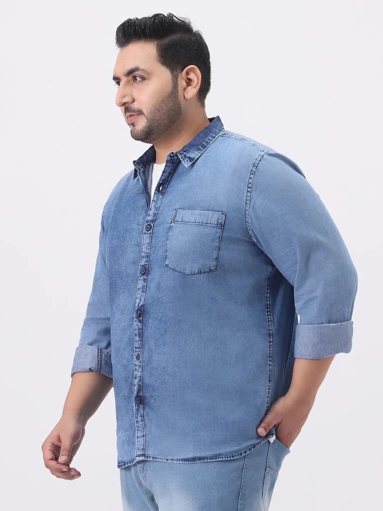 Plus Men's Light Blue Regular Fit Full Sleeve Washed Denim Shirt — photo 2