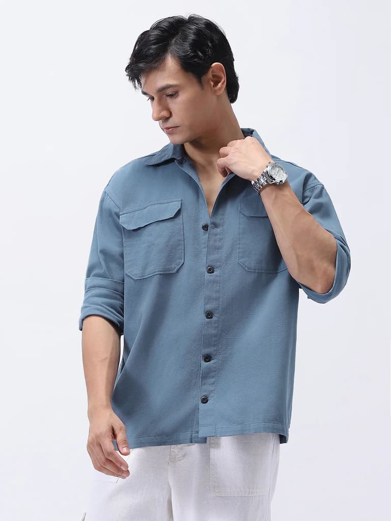 Men's Blue Cotton Full Sleeve Relaxed Fit Shacket with Utility Pockets — photo 2