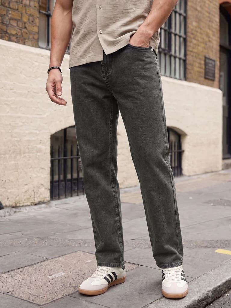 Men's Light Grey Relaxed Fit Washed Denim Jeans Non-Stretchable