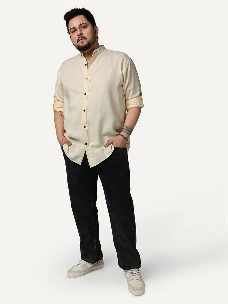 Plus Men's Tender Yellow Linen Blend Full Sleeve Relaxed Fit Mandarin Collar Casual Solid Shirt — photo 4