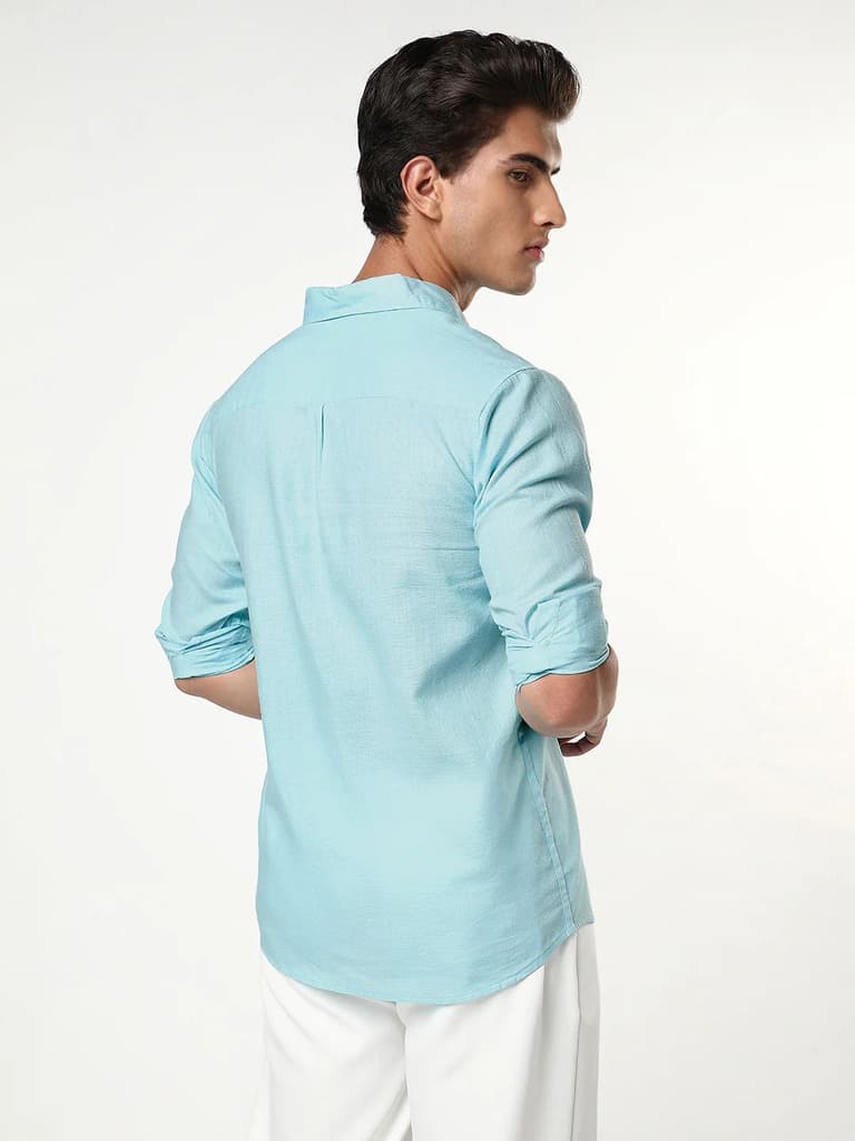 Men's Sky Blue Linen Blend Full Sleeve Relaxed Fit Casual Solid Shirt — photo 3