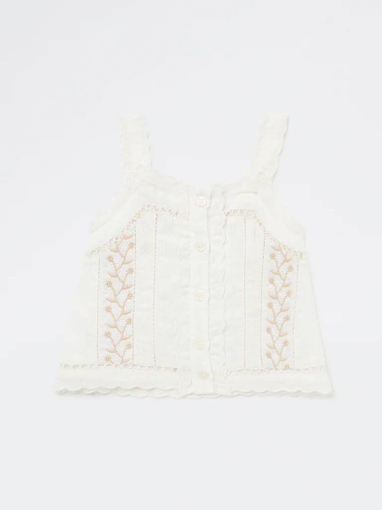 HOP Kids Girls Off-White Embroidered Cotton-Blend Top — photo 2