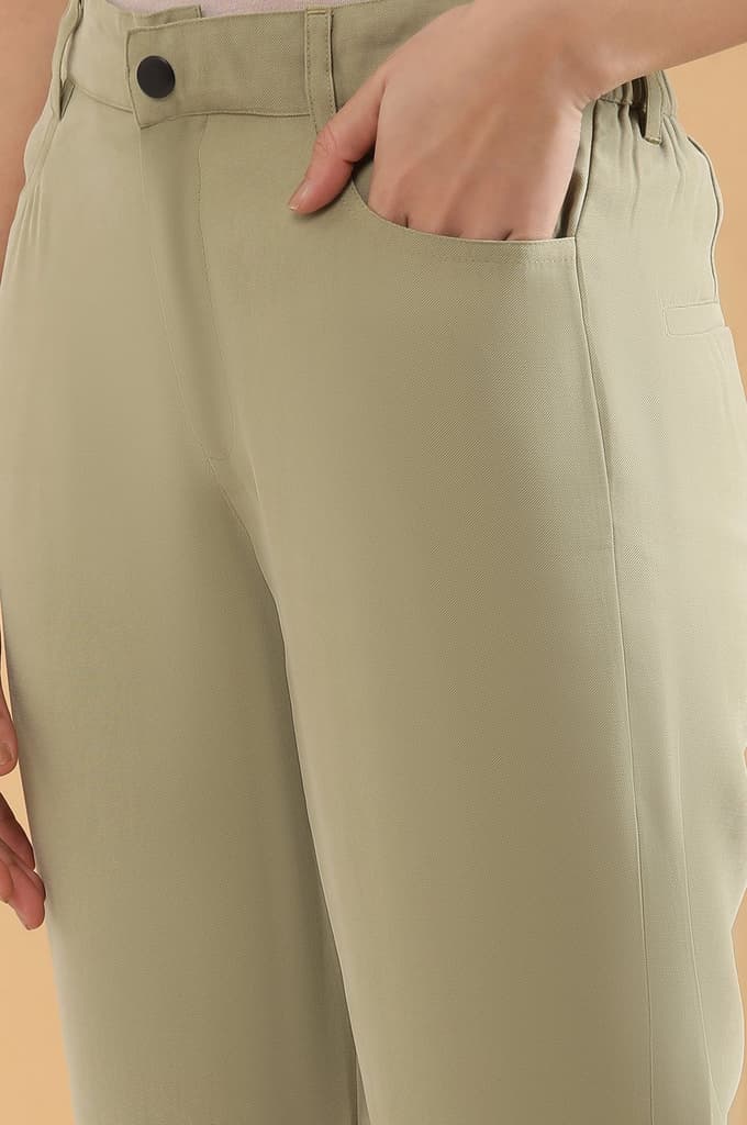 Green Solid Straight Fit Woven Pants With Belt Loops — photo 7