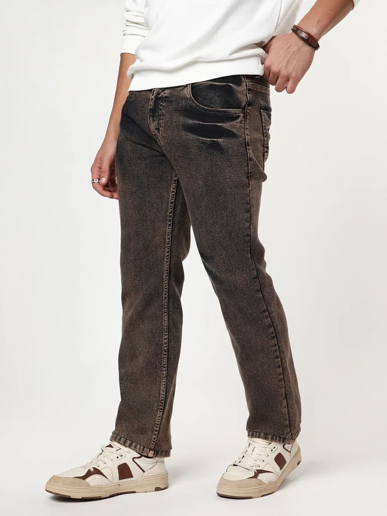 Men's Light Brown Regular Fit Acid Washed Denim Jeans Stretchable — photo 2