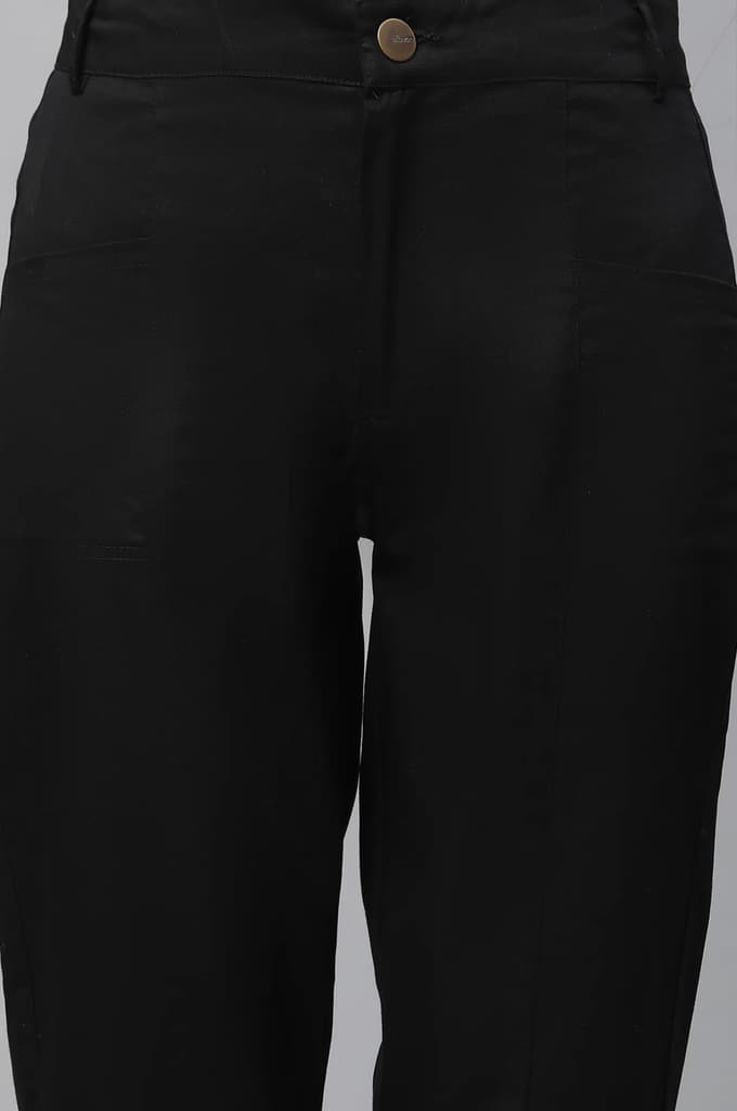 Black Solid Straight Fit Cotton Pants With Elasticated Back — photo 6
