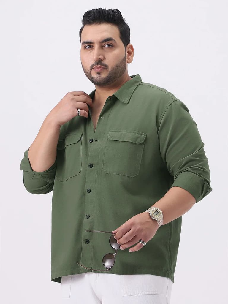 Plus Men's Green Cotton Full Sleeve Relaxed Fit Shacket with Utility Pockets — XXL / Green