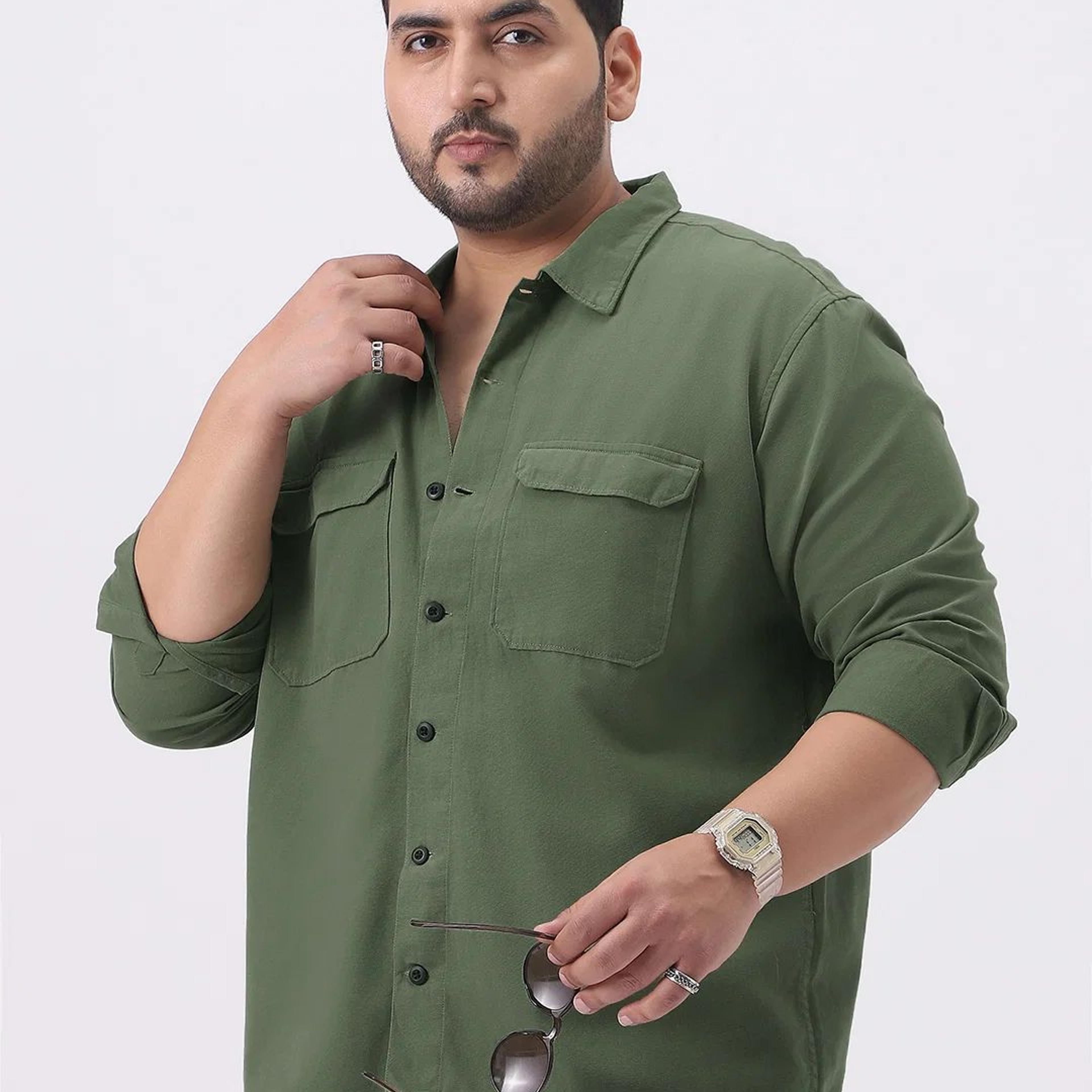 Plus Men's Green Cotton Full Sleeve Relaxed Fit Shacket with Utility Pockets