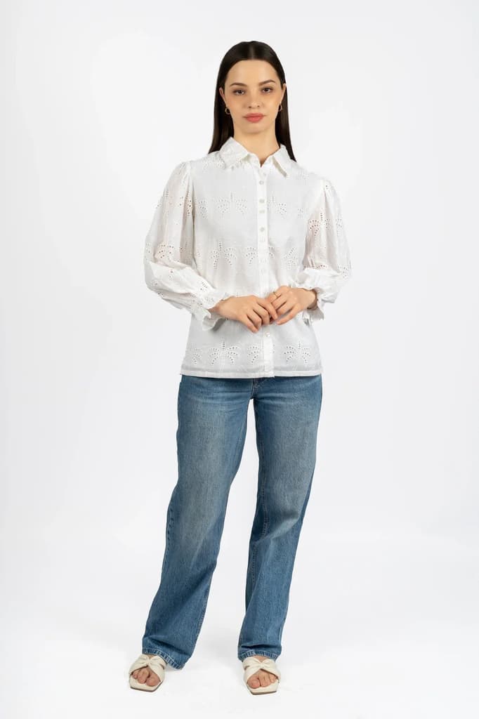 Cotton Schiffly Solid White Collared Top