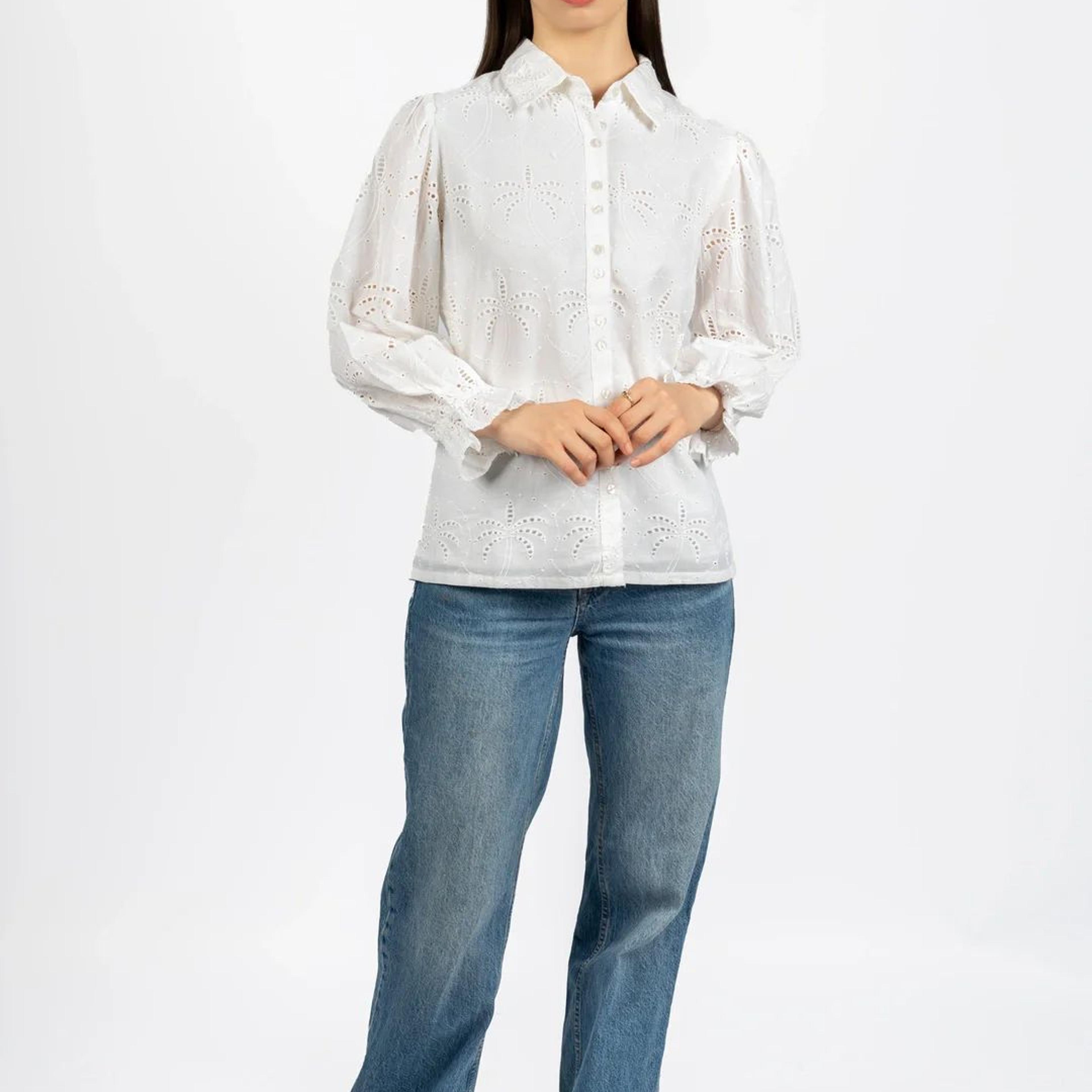 Cotton Schiffly Solid White Collared Top
