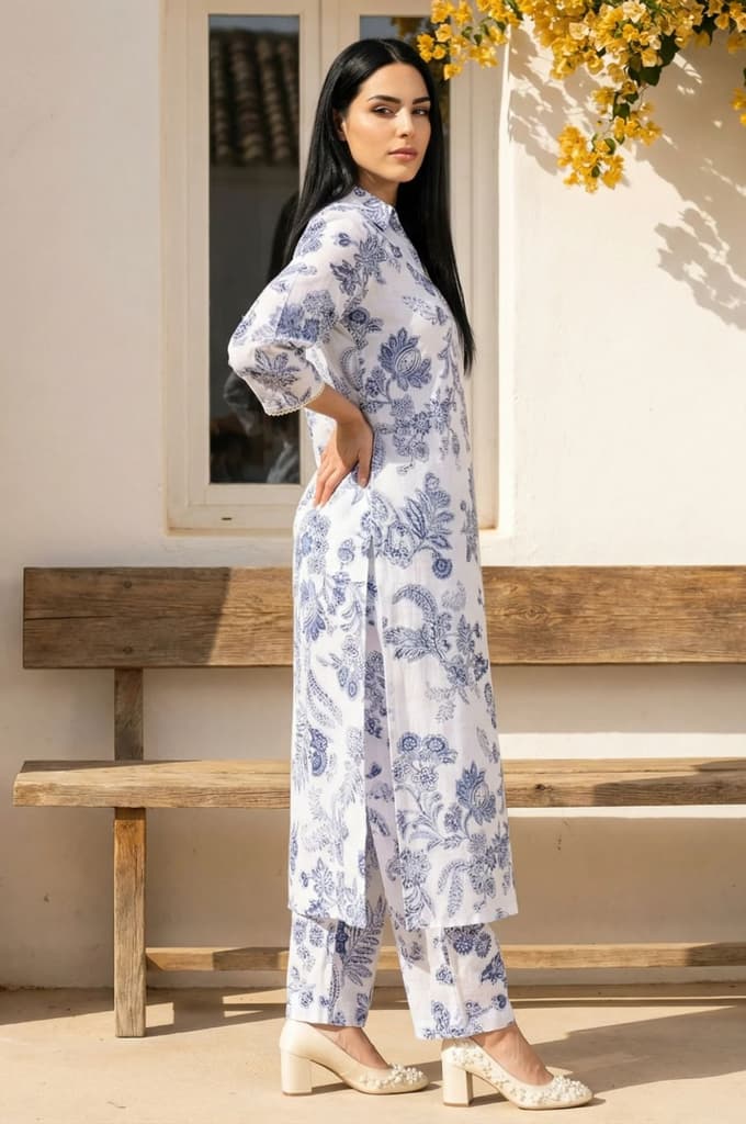 White Floral Printed Pure Cotton Straight Kurta with Straight Pant Set — photo 5
