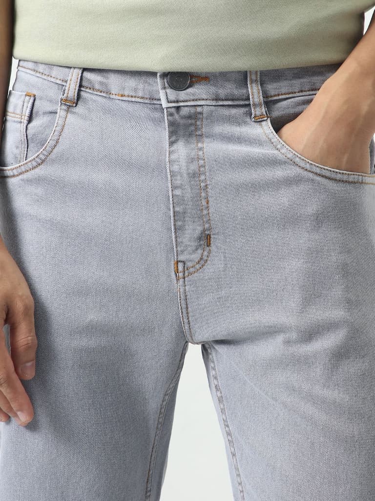 Men's Light Grey Slim Fit Washed Denim Jeans Stretchable — photo 5