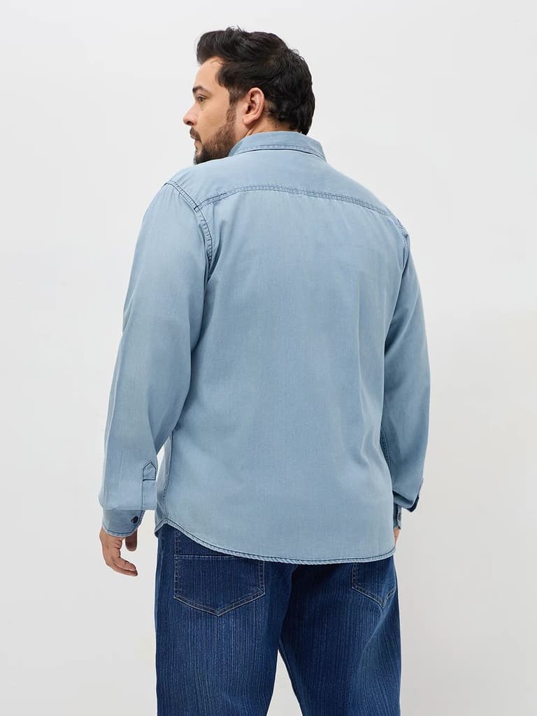 Plus Men's Ice Blue Regular Fit Full Sleeve Solid Denim Shirt — photo 3
