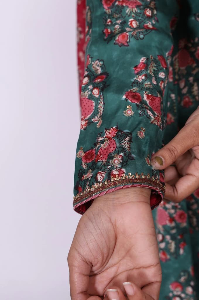 Green Floral Printed Satin Anarkali Kurta with Straight Pant and Dupatta Set — photo 5