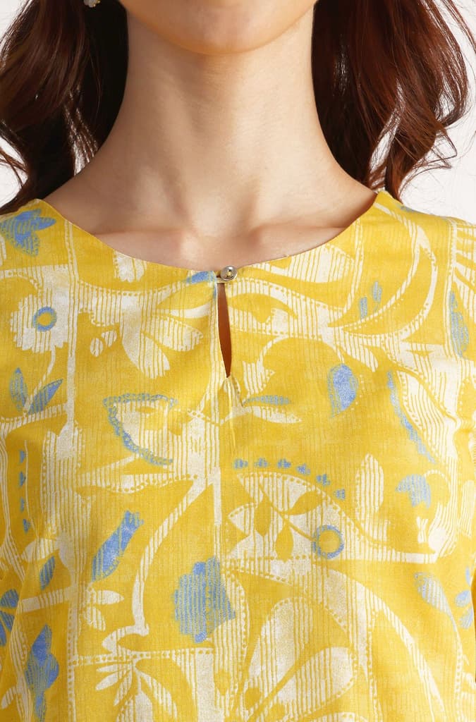 Yellow Floral Printed Straight Pure Cotton Kurta — photo 4