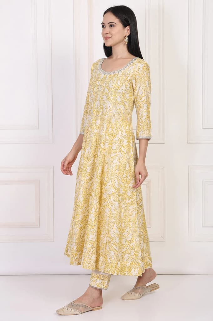 Yellow Paisley Printed Embellished Anarkali Kurta with Straight Pant and Dupatta Set — photo 4