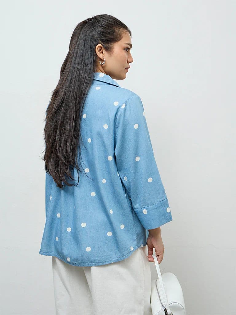 Gia Light Blue Polka-Dot Printed Cotton Shirt — photo 4