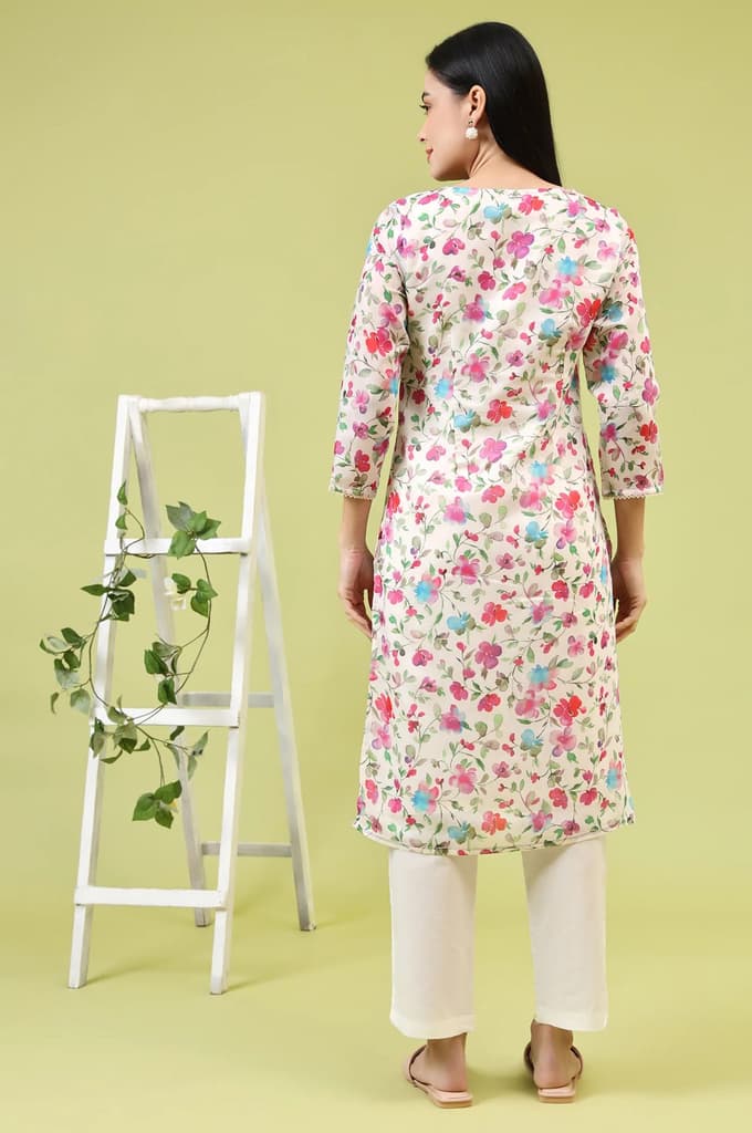 Off-White Straight Kurta in Multi-coloured Floral Print — photo 6