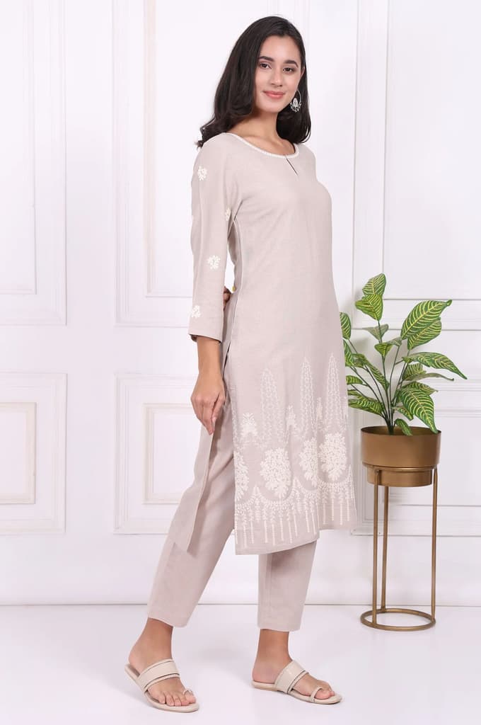 Beige Embroidered Rayon Straight Kurta and Straight Pants Co-ord Set — photo 6
