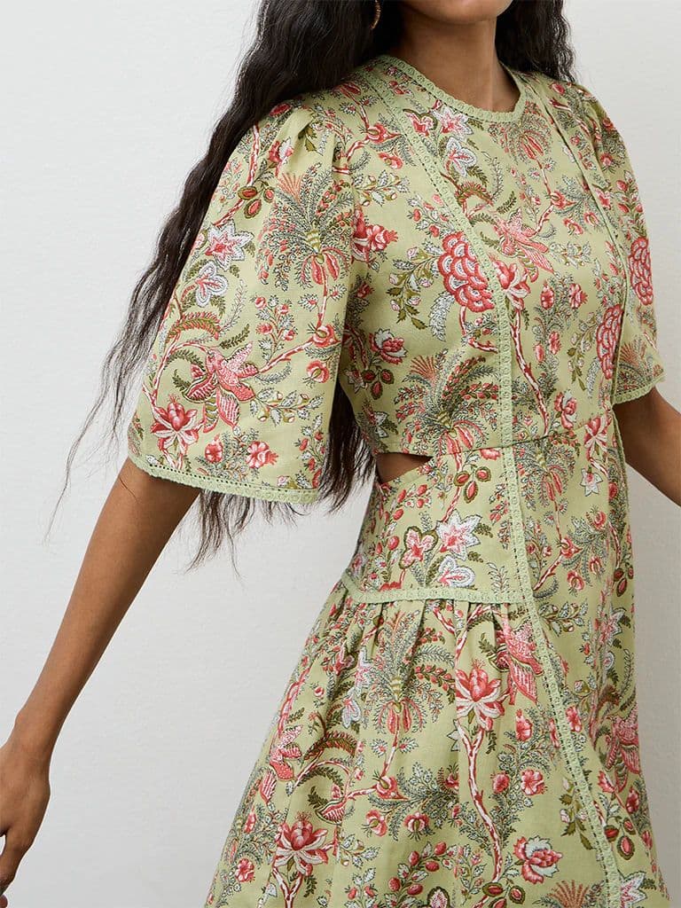 Bombay Paisley Green Floral Printed A-Line Cotton-Blend Dress — photo 3