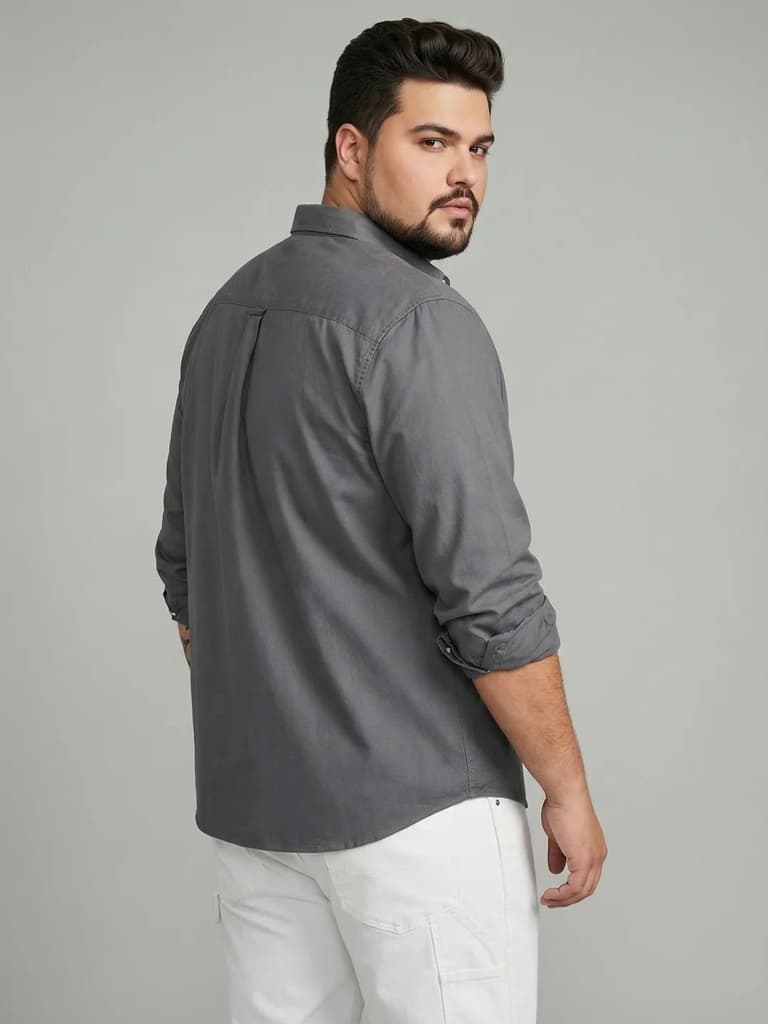 Plus Men's Grey Cotton Full Sleeve Regular Fit Solid Oxford Shirt With Button-Down Collar — photo 3