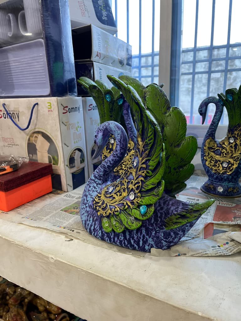 Swan Statue | Decorative | Ceramic | Purple and Green