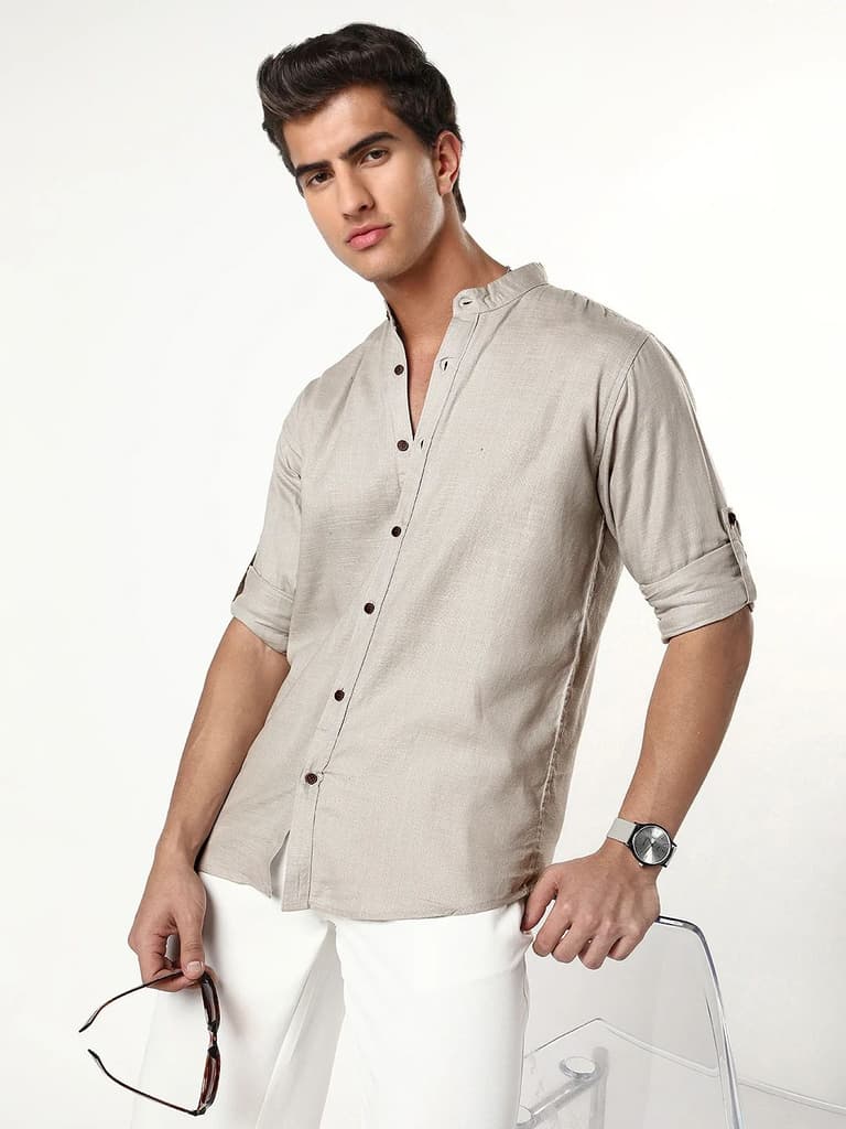 Men's Grey Linen Blend Full Sleeve Relaxed Fit Mandarin Collar Casual Solid Shirt — S / Grey