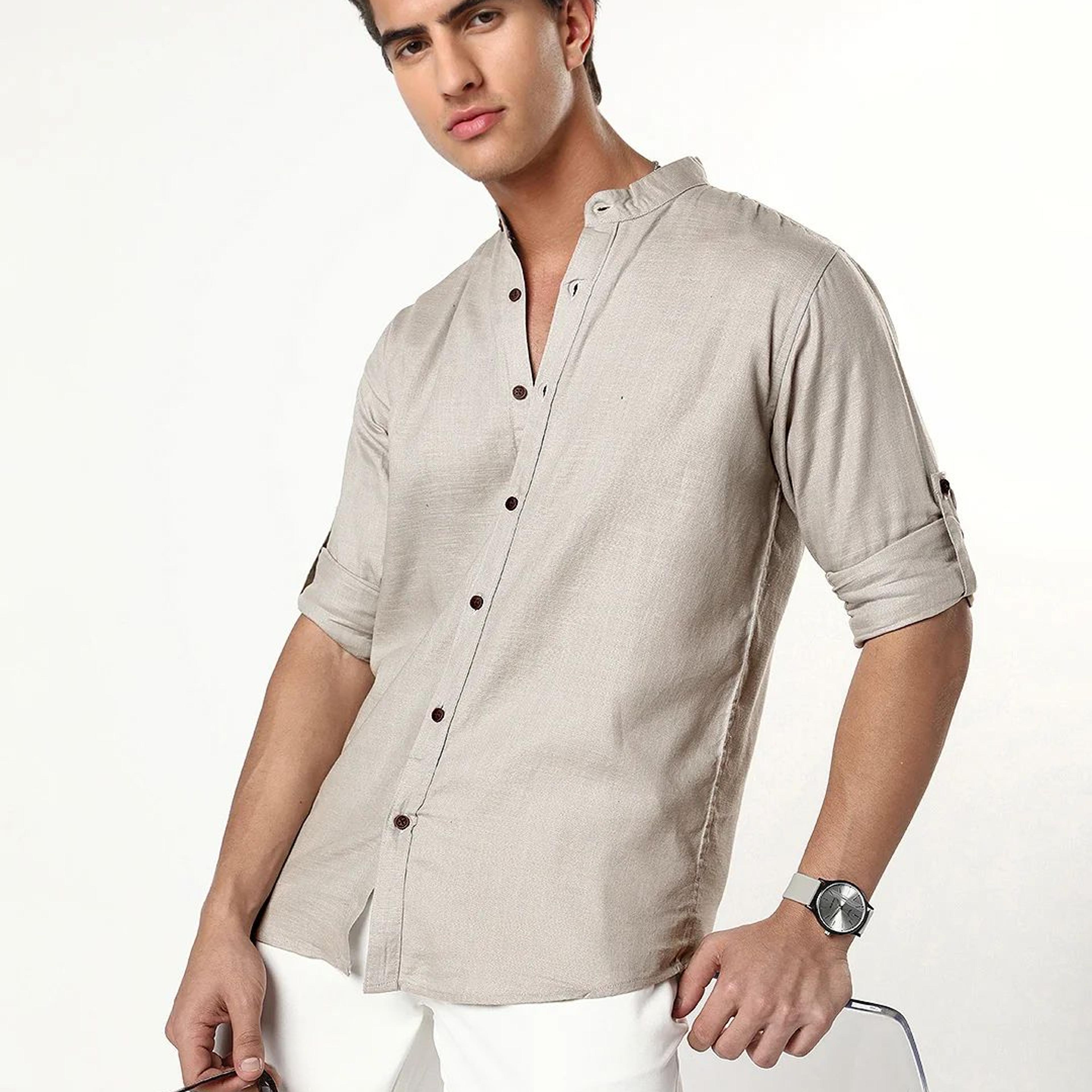 Men's Grey Linen Blend Full Sleeve Relaxed Fit Mandarin Collar Casual Solid Shirt