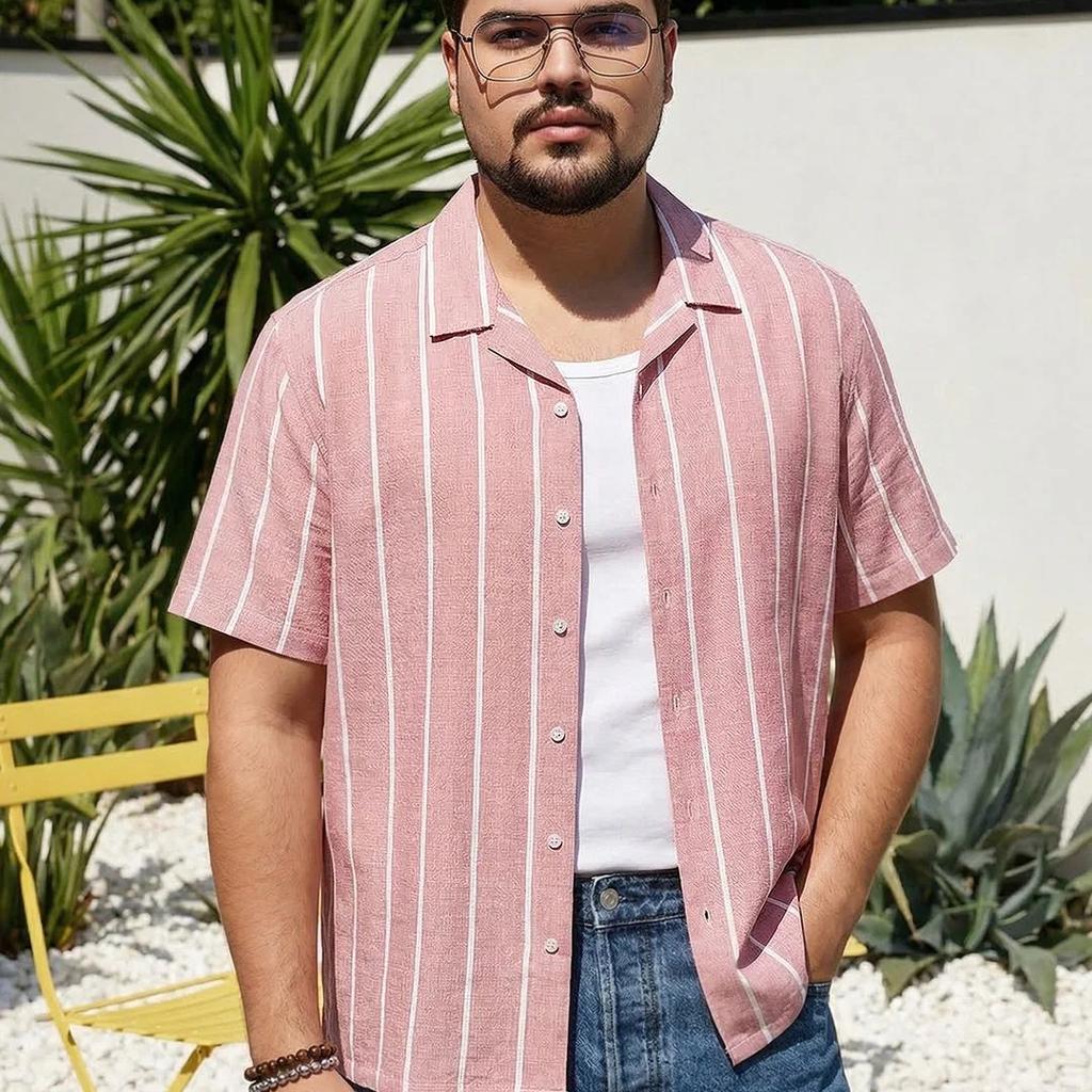Plus Men's Pink Cotton Half Sleeve Relaxed Fit Linen Striped Shirt with Cuban Collar