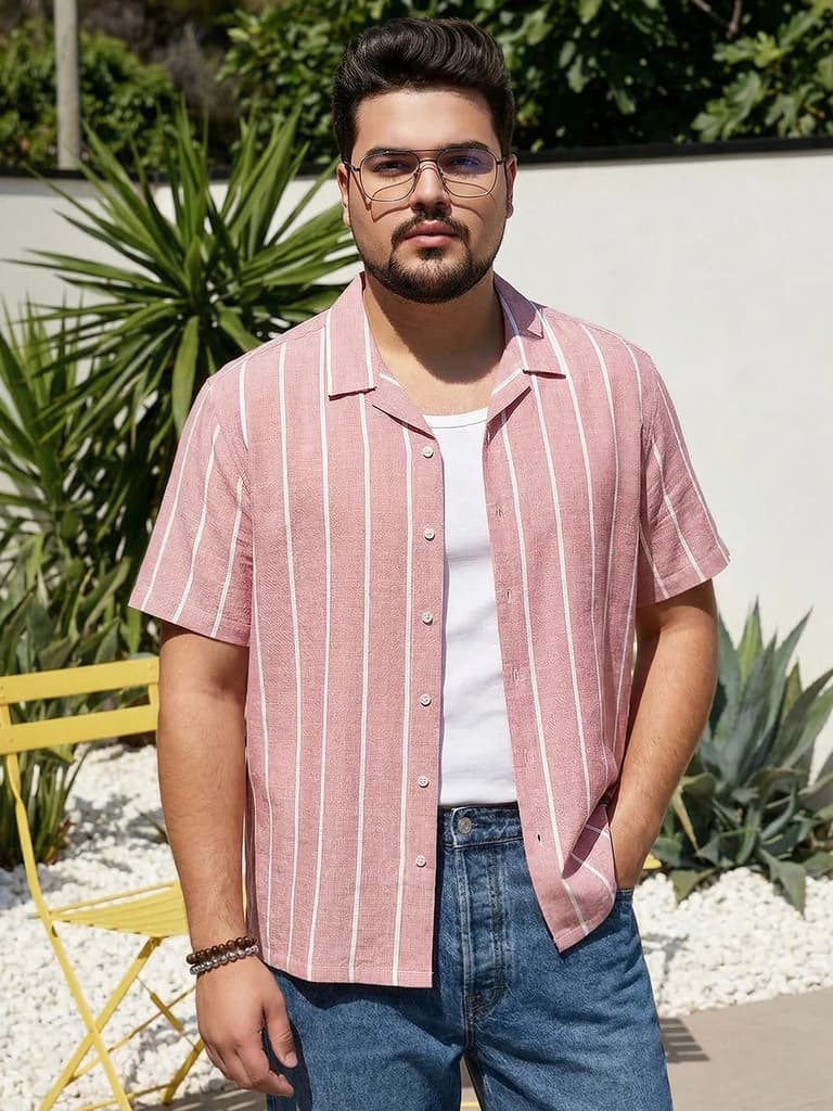 Plus Men's Pink Cotton Half Sleeve Relaxed Fit Linen Striped Shirt with Cuban Collar — 2XL / Pink