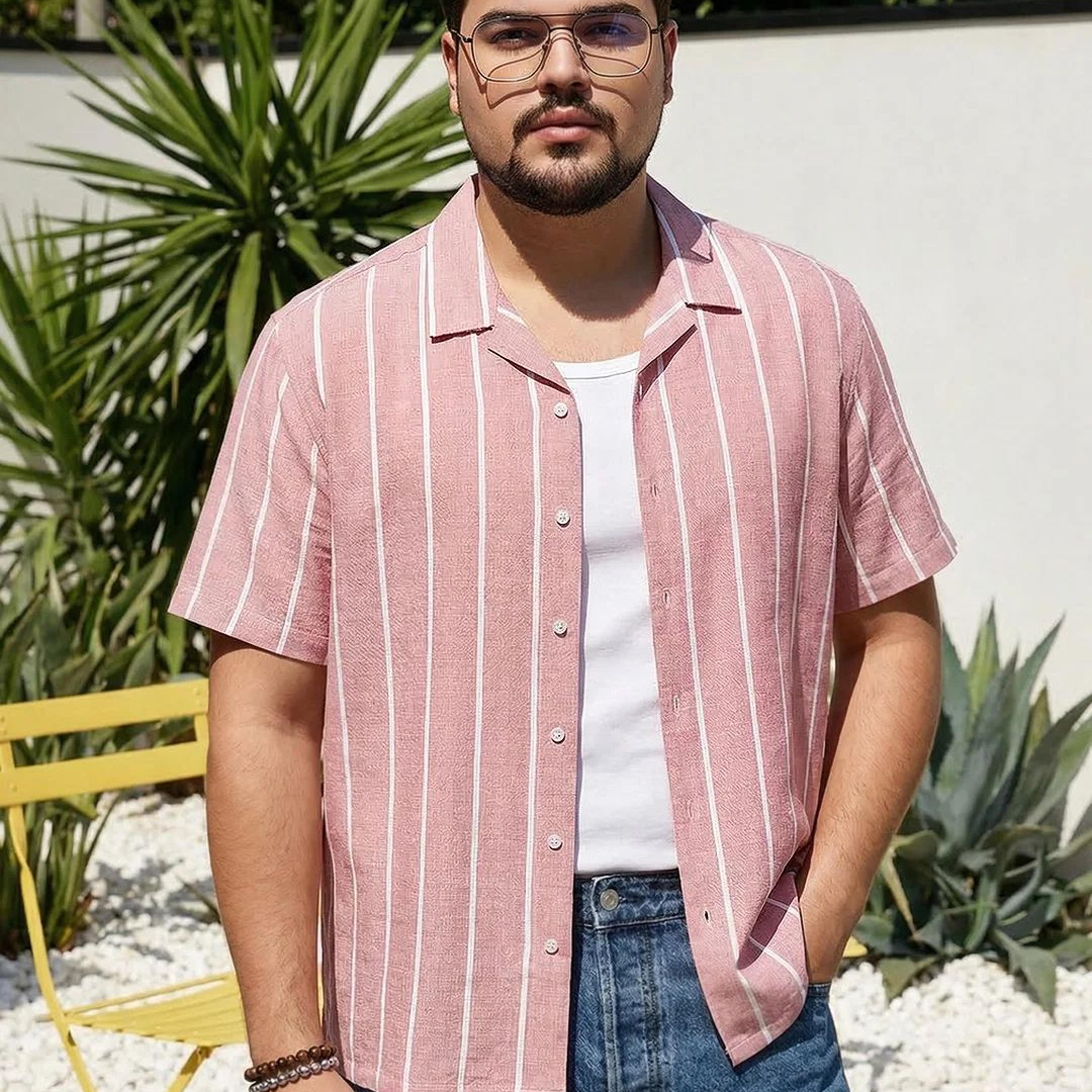 Plus Men's Pink Cotton Half Sleeve Relaxed Fit Linen Striped Shirt with Cuban Collar