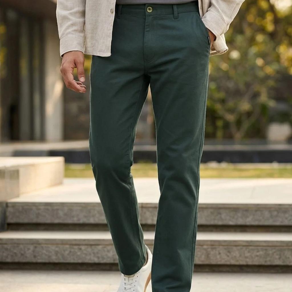 Men's Teal Green Cotton Regular Fit Casual Chinos Trousers Stretch