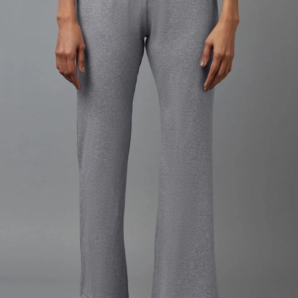 Grey Solid Flared Cotton Pants With Slip On Closure