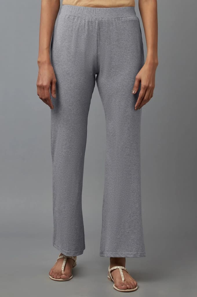 Grey Solid Flared Cotton Pants With Slip On Closure