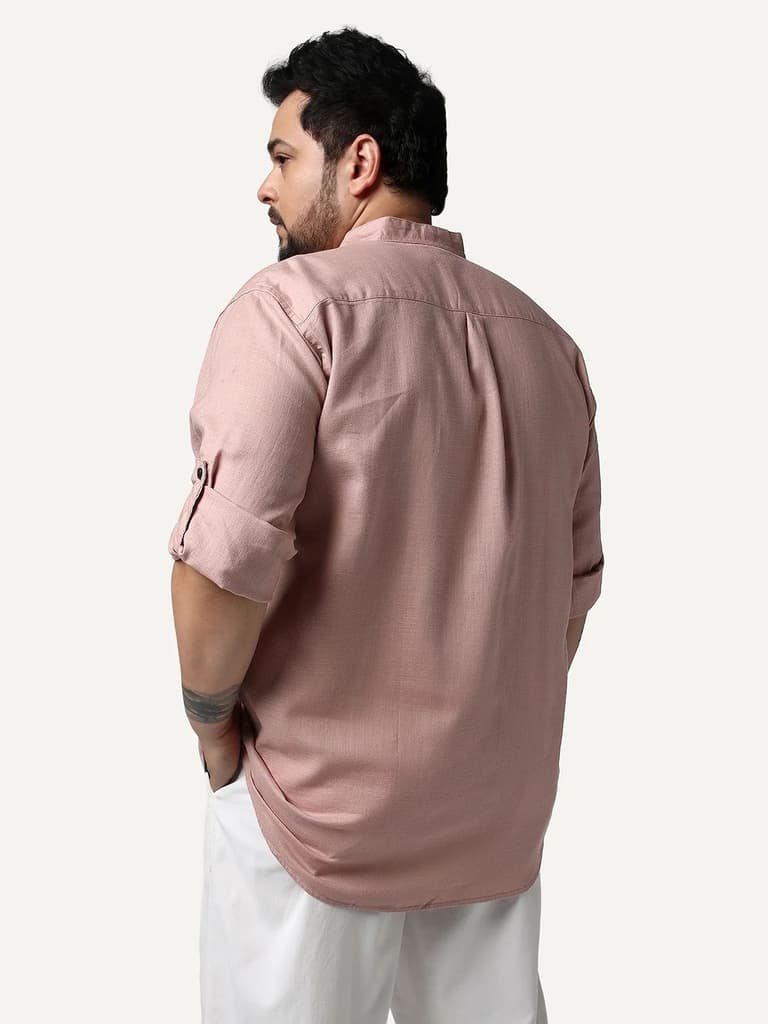 Plus Men's Dusty Pink Linen Blend Full Sleeve Relaxed Fit Mandarin Collar Casual Solid Shirt — photo 3