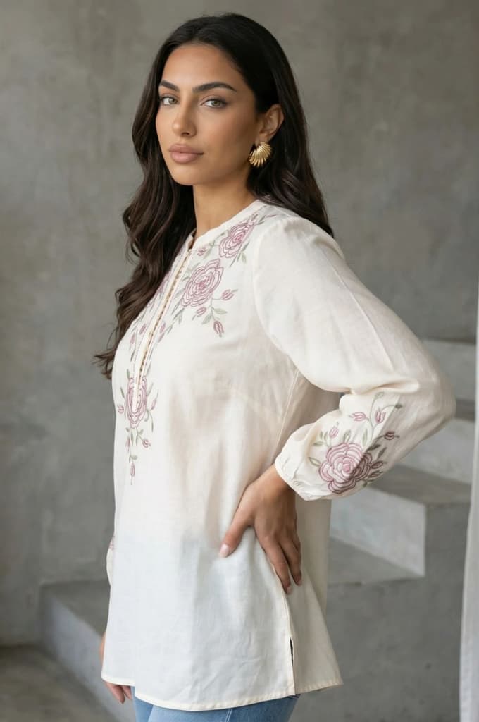 Off White Thread Embroidered New Cotton Silk A-line Top — photo 3