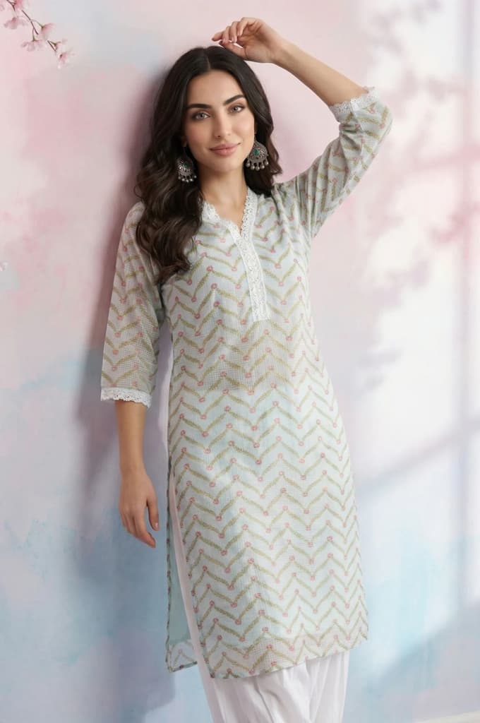 Mint Green Chevron Printed Kota Straight Kurta — photo 3