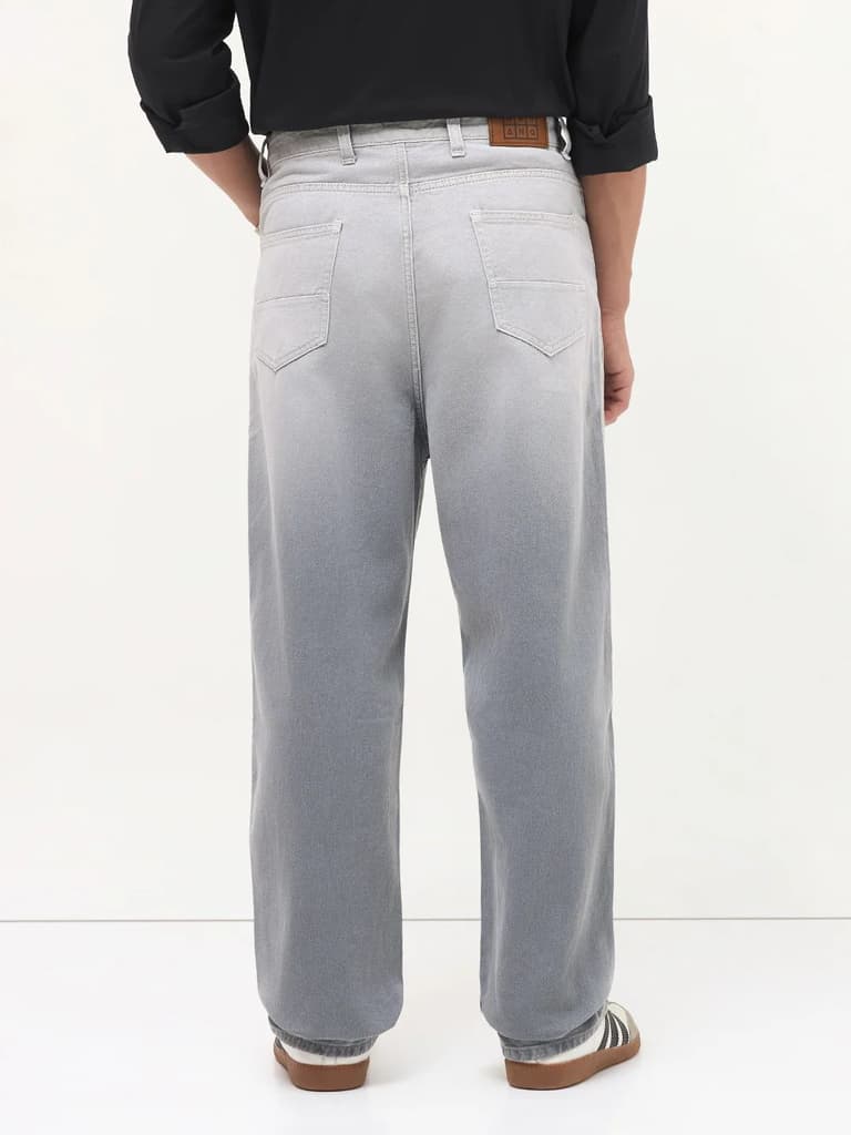 Men's Light Grey Loose Baggy Fit Heavy Washed Faded Denim Jeans Non-Stretchable — photo 3